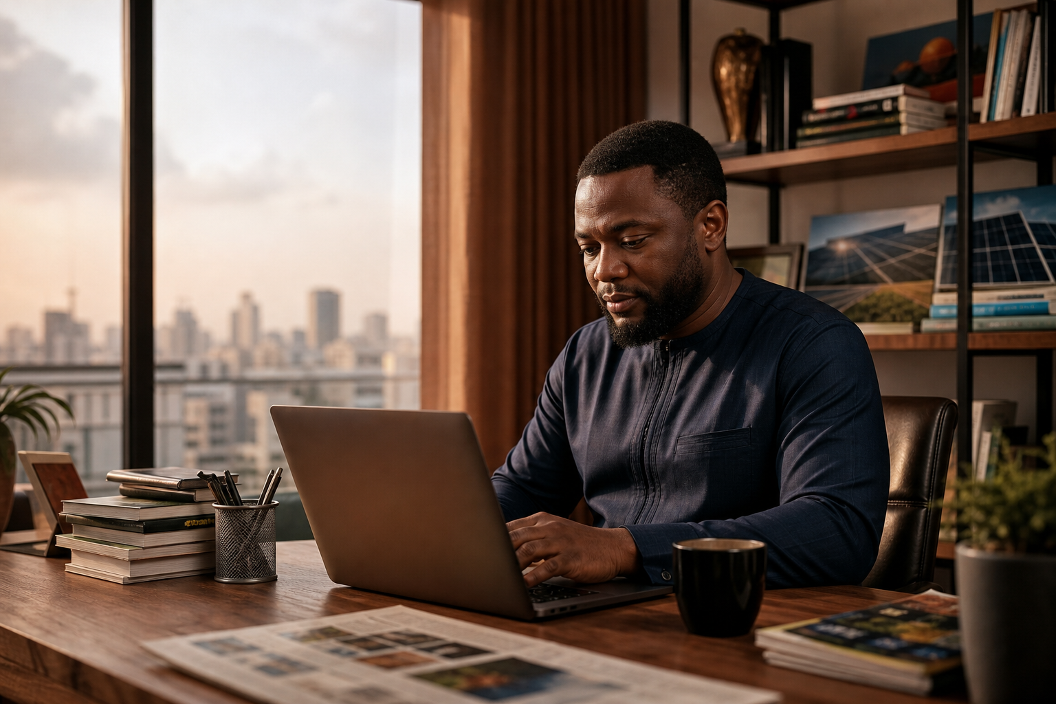 Writer at a desk working on articles about technology and energy in Nigeria